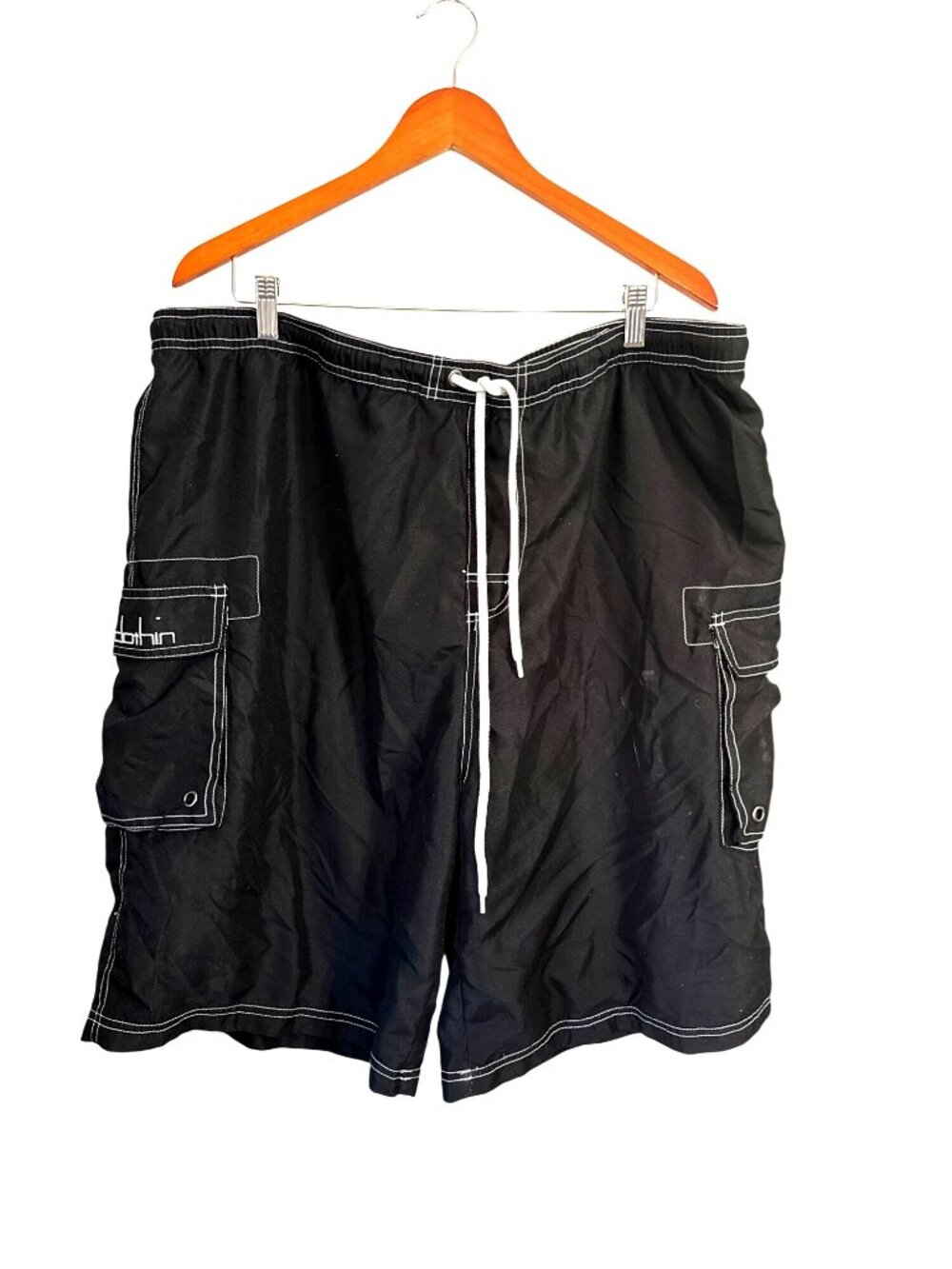 Mens Clothin Black Cargo Beach Shorts Size 40 With White Stitching & Drawstring